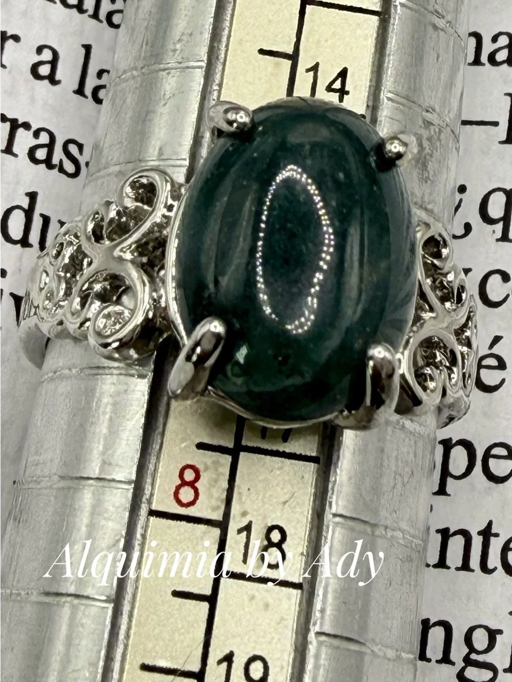 Dark Green Agate and silver Ring BOHO + Baroque